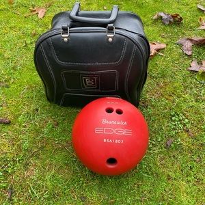 Vintage Brunswick Edge Bowling Ball, red, Bowling bag, bowling shoes (size 9)